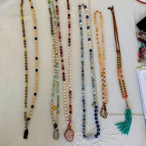 Beaded necklaces.  Can be worn long or double wrapped.  Druzzies and buddha.